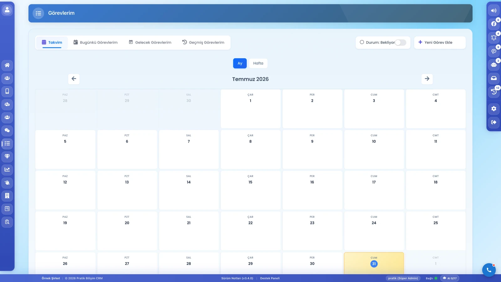 Pratik CRM Görevlerim ekranı: aylık takvim görünümü ve görev filtreleri