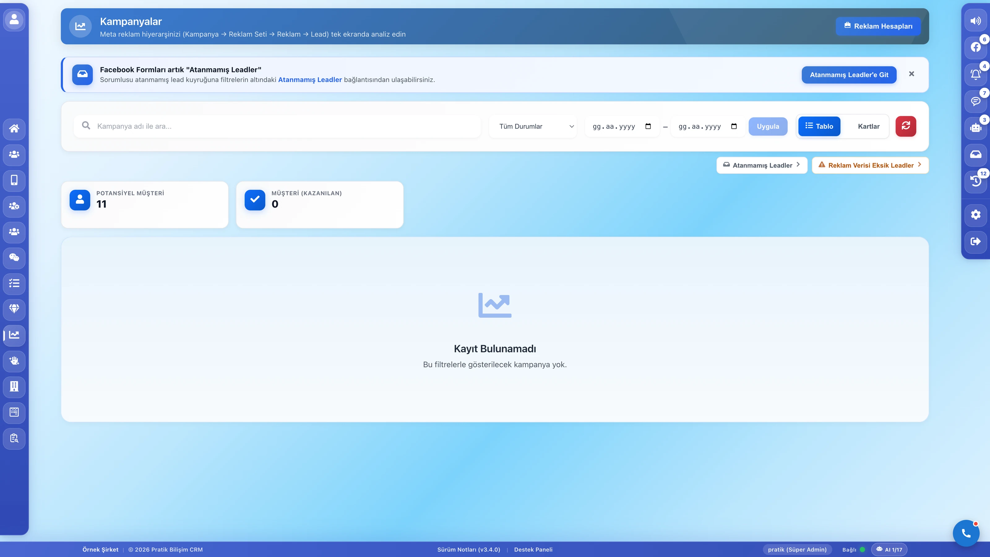Pratik CRM Kampanyalar ekranı: Meta reklam kampanyaları ve dönüşüm istatistikleri