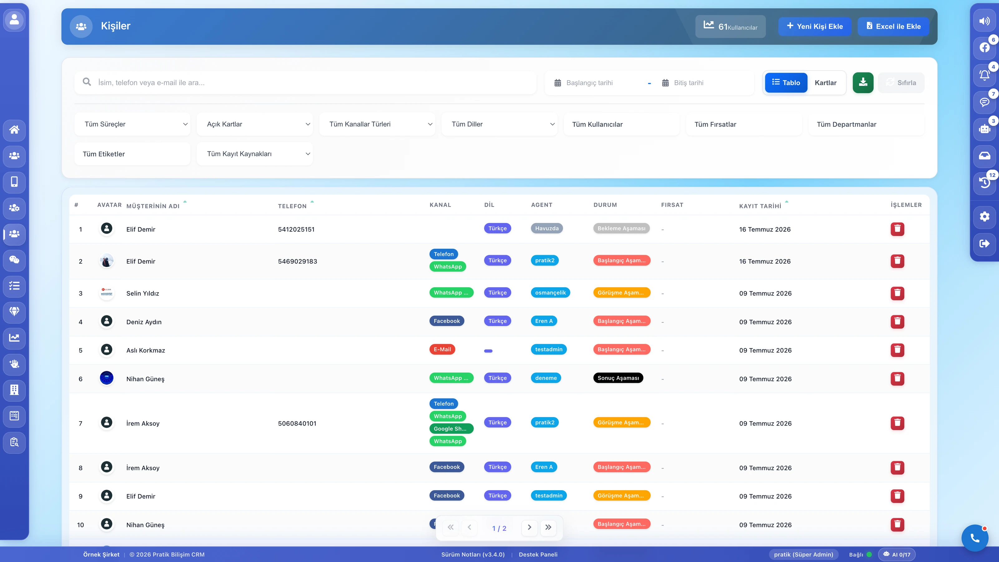 Pratik CRM Kişiler ekranı: ad, telefon, aşama ve sorumlu sütunlu tablo