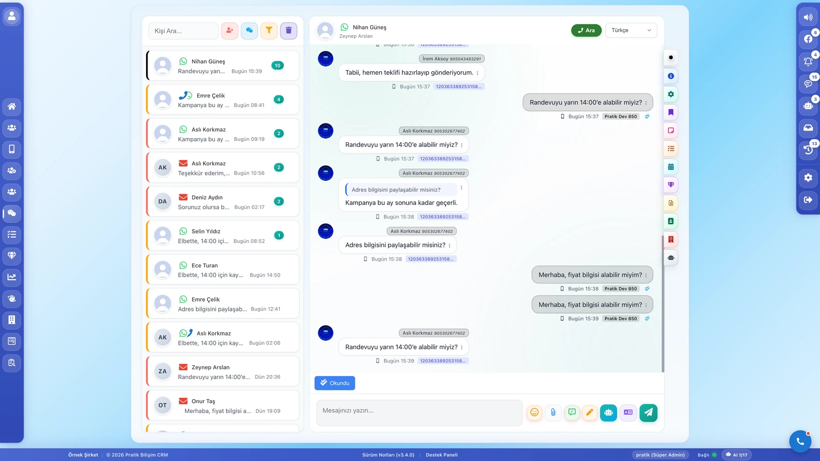 Pratik CRM Mesajlar ekranı: çok kanallı sohbet listesi ve konuşma paneli