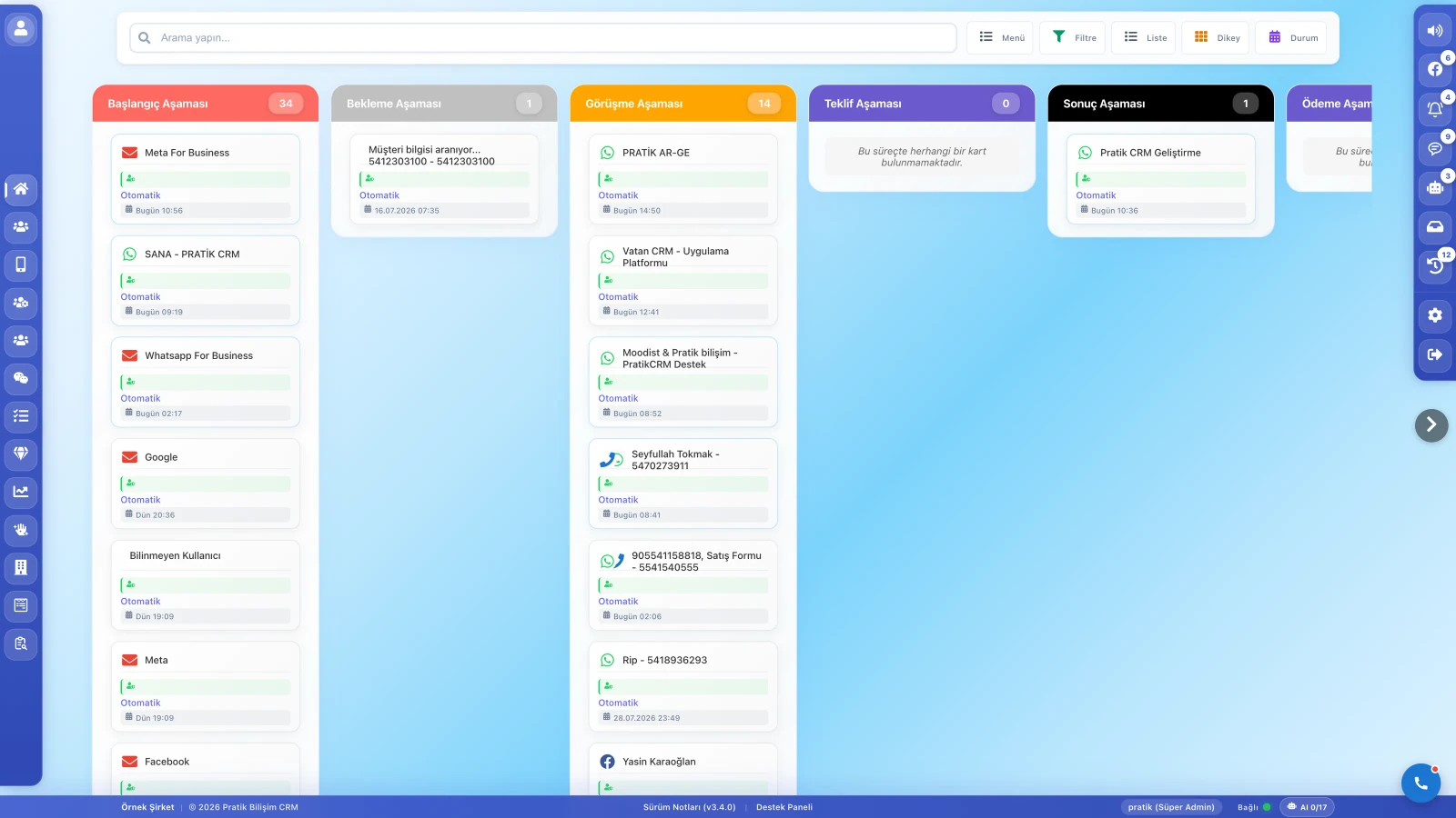 Pratik CRM pano görünümü: Başlangıç, Bekleme, Görüşme ve Sonuç aşaması sütunları