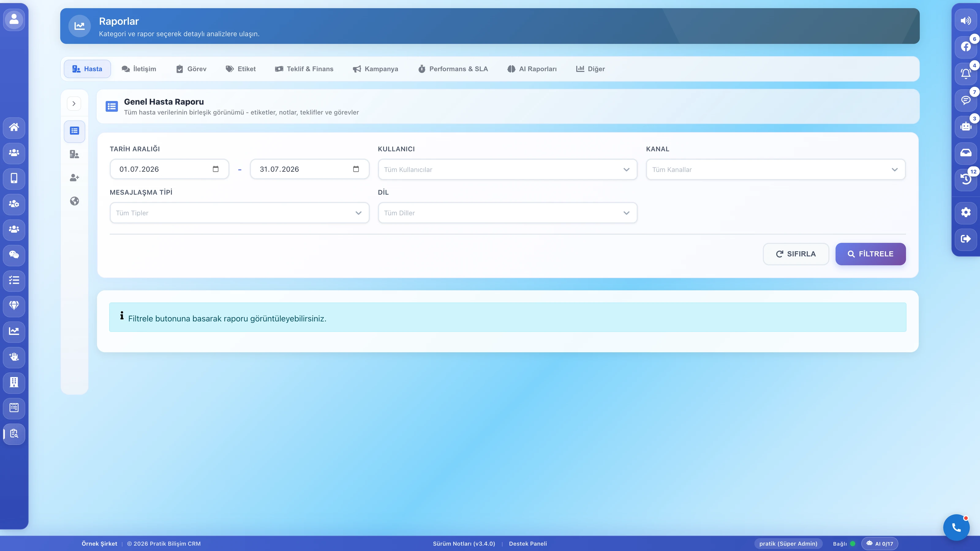 Pratik CRM Raporlar ekranı: dokuz rapor kategorisi ve filtre seçenekleri